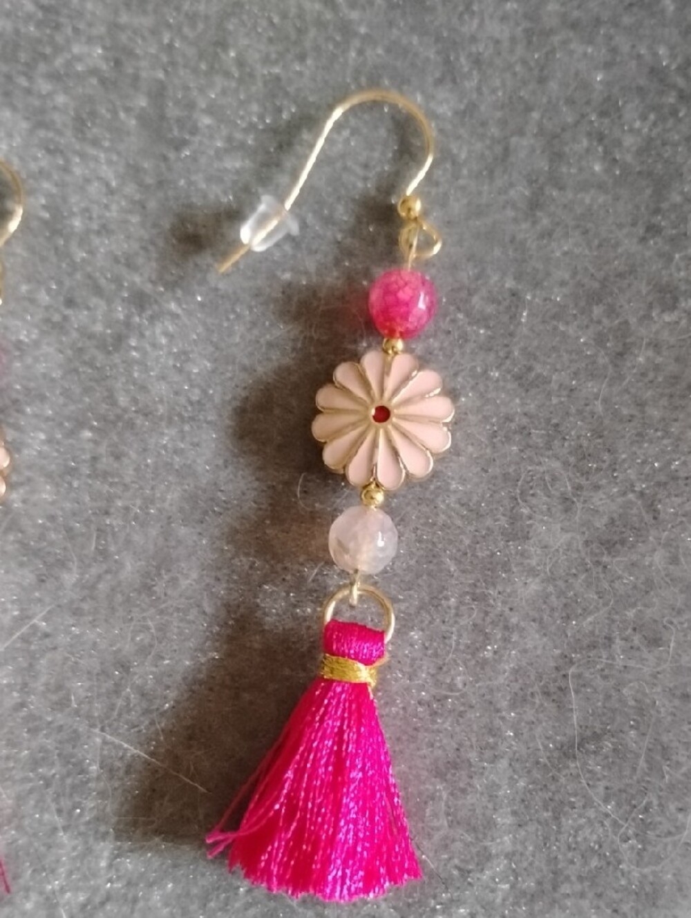 Hand Crafted Pink Tassel Floral Drop Earrings With Gold Accents - Picture 5 of 6